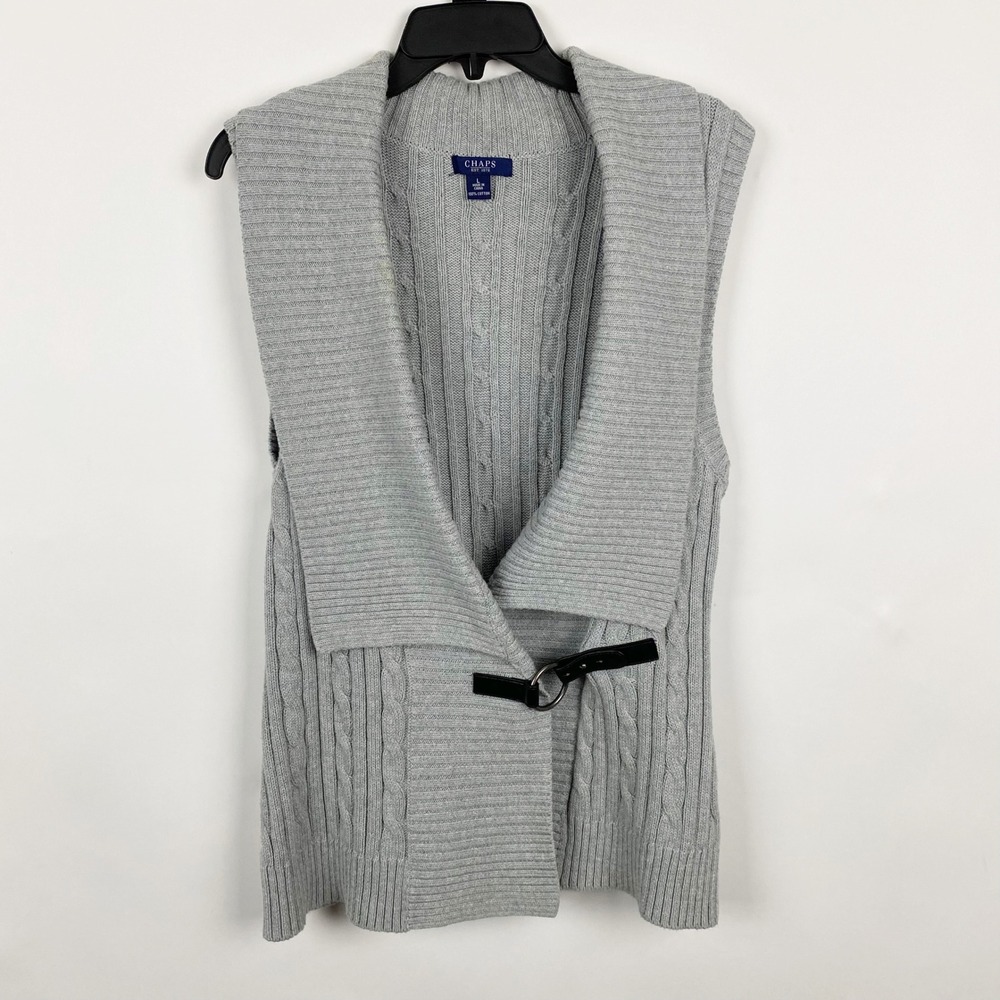 Chaps Cable Knit Shawl Collar Buckle Front Sweater Vest Womens‎ L Gray Cotton